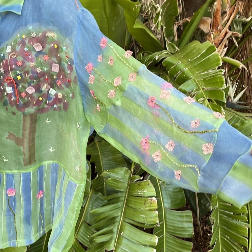 Sandy Starkman 100% silk batik and 3-D floral  sheer blouse or jacket